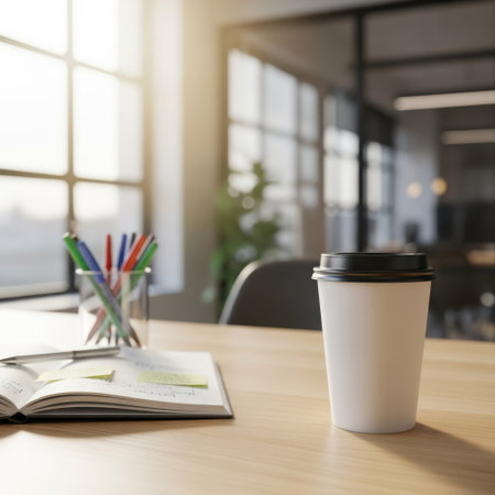 A white disposable coffee cup with a black lid rests on a wooden desk next to an open notebook and a cup of pens, bathed in natural light from a large window.の素材