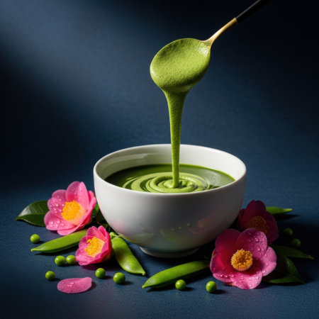 A close-up shot captures the smooth texture of a vibrant green soup being poured from a spoon into a bowl. The dish is artfully arranged with fresh peas and delicate pink flowers, creating an appetizing and elegant presentation.の素材