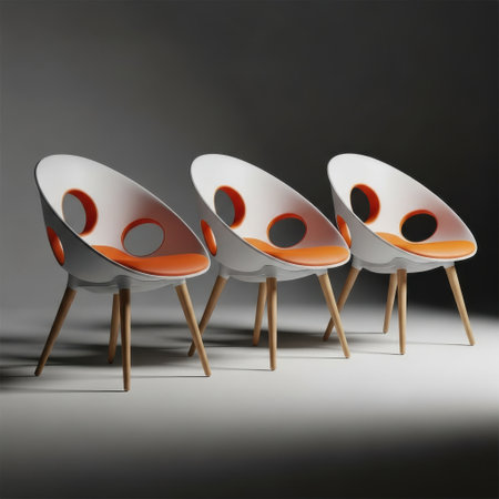 Three contemporary accent chairs showcasing a unique design with circular cutouts and vibrant color accents. Their sleek silhouette and wooden legs offer a stylish mid-century modern aesthetic.の素材