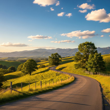 A picturesque rural landscape featuring a curving asphalt road amidst lush green hills bathed in soft sunlight. The scene evokes peace and the beauty of nature's open spaces.の素材