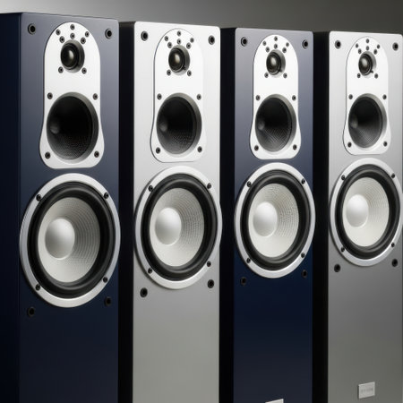 Experience rich sound with this set of four identical tower speakers. Featuring sleek silver cones and black cabinets, they are designed to deliver powerful and clear audio for any home entertainment system.の素材