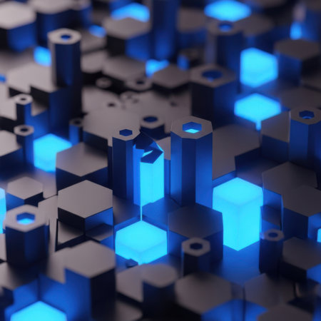 Experience the intricate beauty of a digital landscape. This image features a dense arrangement of dark gray geometric shapes with vibrant, glowing blue hexagonal and cylindrical elements, evoking a sense of advanced technology and data flow.の素材