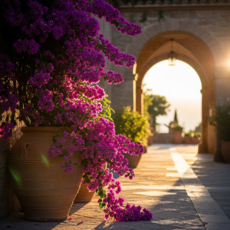 Bathed in golden sunlight, a charming stone pathway leads through an ancient archway, flanked by terracotta pots overflowing with vibrant purple bougainvillea flowers.の素材