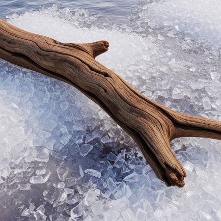 A detailed close-up captures a weathered piece of driftwood, its gnarled texture prominent against the shimmering, light-reflecting surface of clear water, evoking a sense of nature's artistry.の素材