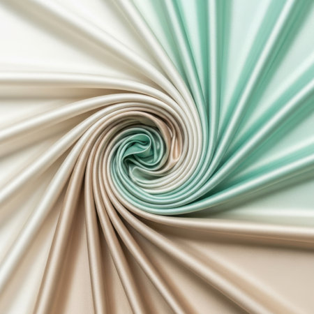 A close-up shot showcases the gentle swirling of a fabric. The textile features subtle vertical stripes in calming beige and mint green tones creating a serene and elegant texture.の素材