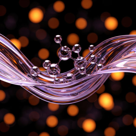 A visually striking abstract image featuring a dynamic purple liquid swirl. Numerous small, clear bubbles are suspended within the flow, creating a sense of depth. The background is blurred with warm, glowing bokeh lights.の素材