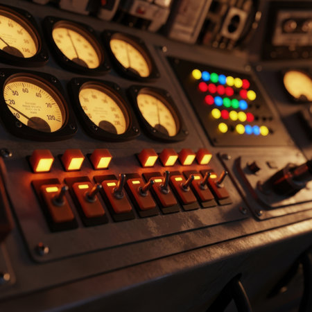 Experience the allure of a bygone era with this detailed close-up of a vintage control panel. The warm glow of numerous analog gauges and illuminated switches evokes a sense of scientific discovery and retro-futuristic wonder.の素材