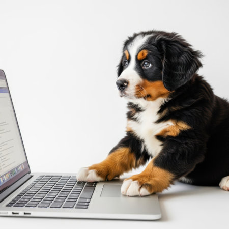 A young Bernese Mountain Dog puppy lies on a surface, paws resting on a laptop keyboard, isolated on a white background.の素材