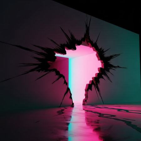 A surreal scene featuring a jagged opening in a dark surface, emanating intense pink and blue light that casts a luminous reflection on the textured ground below.の素材