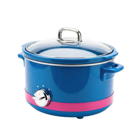 A blue slow cooker with a glass lid and chrome handle is displayed on a clean white background.の素材