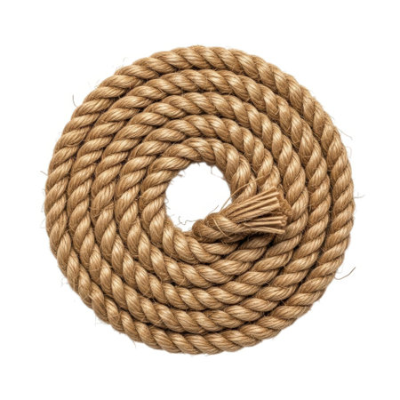 A close-up view of a tightly wound natural fiber rope forming a circular pattern isolated on a white background.の素材