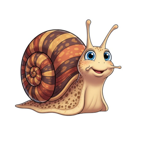 A cute, smiling snail with a detailed brown and orange striped shell, presented on a clean white background.の素材