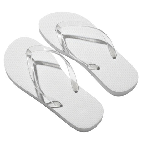 Two white flip-flops with transparent straps are shown, isolated on a clean white background.の素材