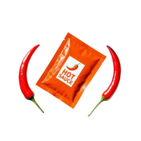 A small orange packet labeled 'Hot Sauce' is centrally placed between two bright red chili peppers, all isolated on a clean white background.の素材