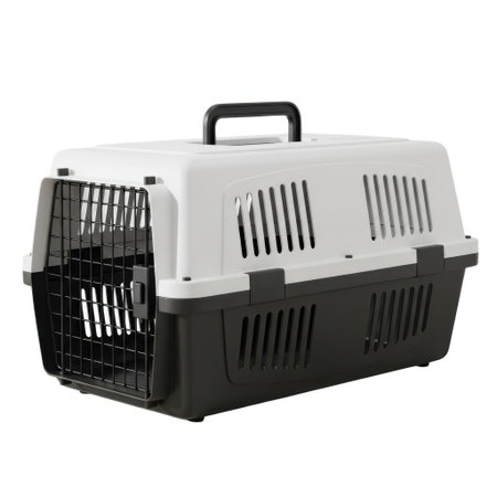 A durable black and white pet carrier with a secure handle and ample ventilation, presented isolated on a clean white background.の素材