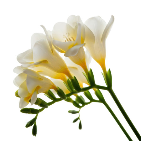 A close-up shot of a cluster of delicate white and yellow freesia flowers with green stems, isolated on a white background.の素材