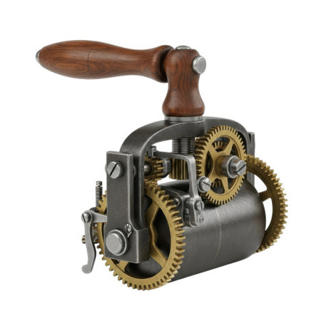 A detailed steampunk-style mechanical device featuring a wooden handle, intricate gears, and a dark metal casing, isolated on a clean white background.の素材