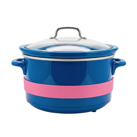 A blue enamel cooking pot with a glass lid and a pink accent band, presented isolated on a white background.の素材