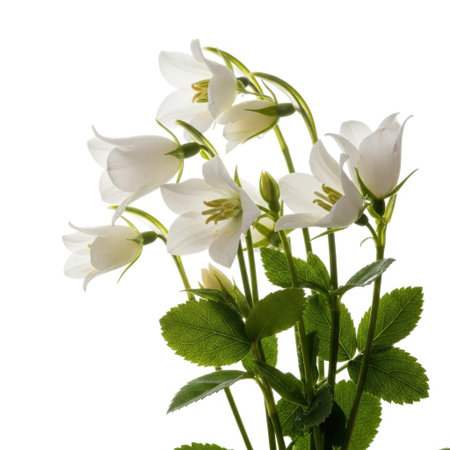 A cluster of delicate white bell-shaped flowers with vibrant green leaves, presented in isolation against a clean white background.の素材