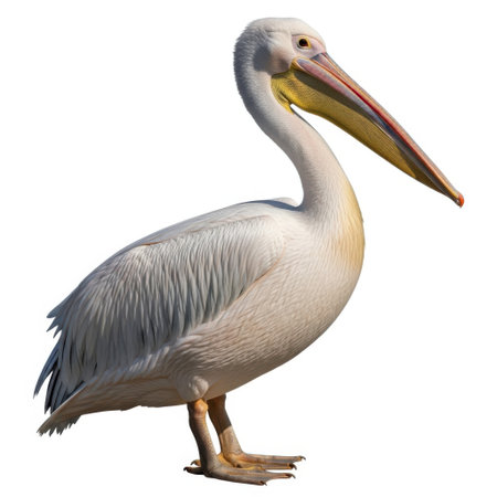 A full body shot of a great white pelican bird standing on its legs, isolated on a clean white background.の素材