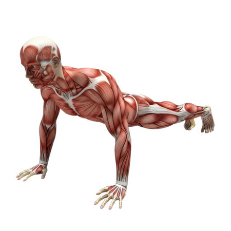 Detailed anatomical view of the human muscular system engaged in a plank pose, presented on a clean white background.の素材