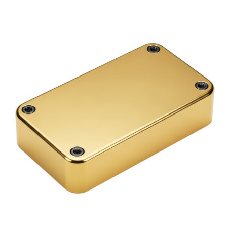 A metallic golden rectangular box with rounded edges and four dark screws, presented on a clean white background.の素材