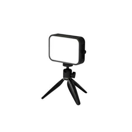 A compact rectangular LED light with a small black tripod, presented isolated on a clean white background.の素材