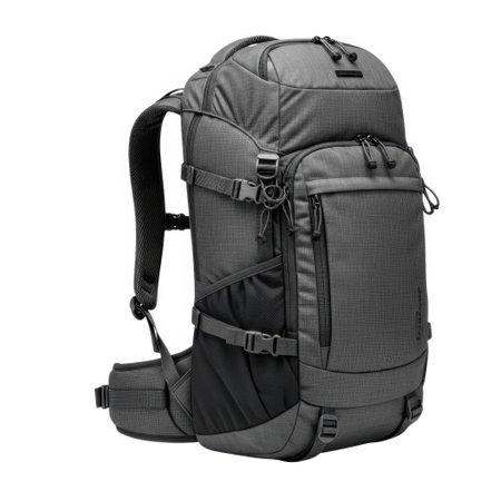 A detailed view of a gray hiking backpack with a robust design and ample storage capacity, presented on a plain white background.の素材