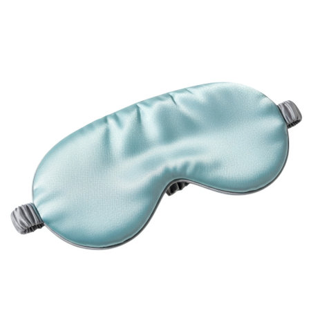 A light blue satin sleep mask with a grey elastic strap is presented isolated on a clean white background.の素材