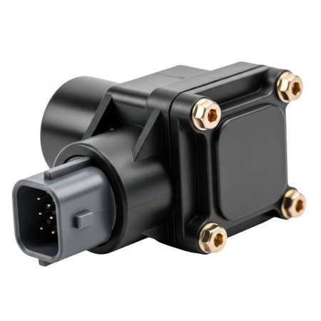 A black automotive sensor with an electrical connector and four gold bolts is displayed isolated on a white background.の素材