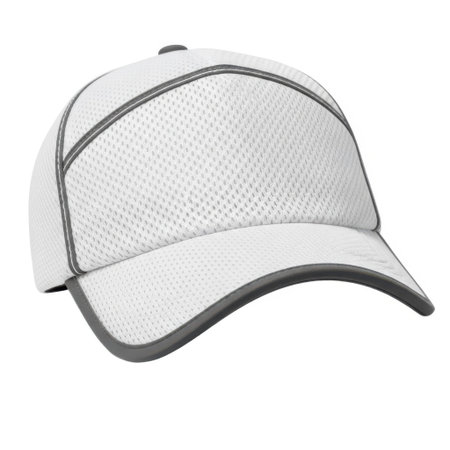 A white baseball cap with subtle texture and dark gray trim, presented isolated on a clean white background.の素材