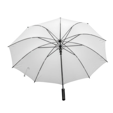 A white umbrella is shown fully opened with its black handle and metal frame clearly visible, isolated on a white background.の素材