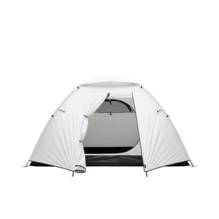 A white camping tent with its doors open, showcasing its interior, isolated on a clean white background.の素材