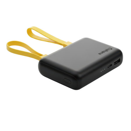A small black portable power bank with two bright yellow lanyards, presented cleanly on a white background.の素材