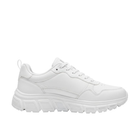 A single, all-white athletic shoe with a textured sole is presented isolated on a white background.の素材
