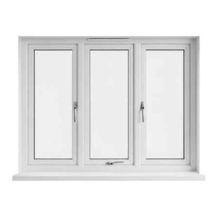 A pristine white vinyl triple casement window with silver hardware, presented isolated on a clean white background.の素材