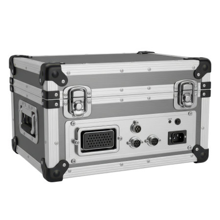 A sturdy silver metal flight case with reinforced corners and various connectors, isolated on a white background.の素材