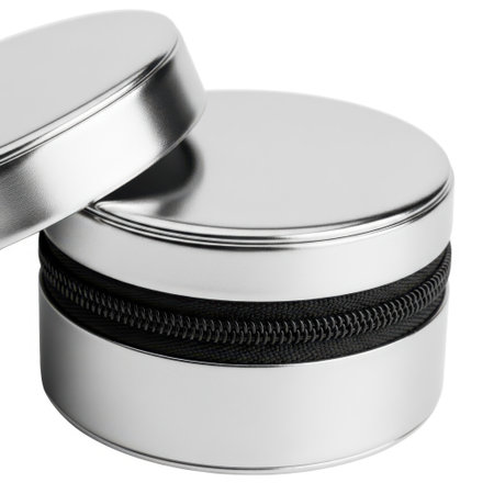 A metallic cylindrical container with a black textured band and its lid, isolated on a white background.の素材
