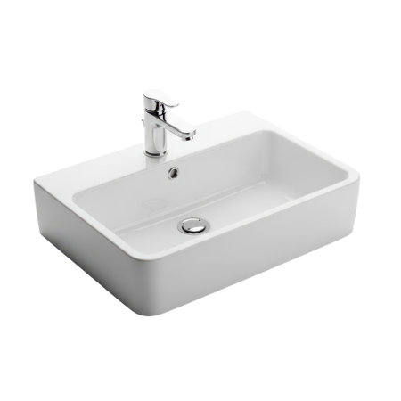 A clean, modern rectangular ceramic bathroom sink with a sleek chrome faucet, presented isolated on a white background.の素材