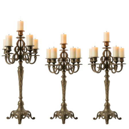 A set of three vintage brass candelabras with flickering faux candles, presented on a clean white background.の素材