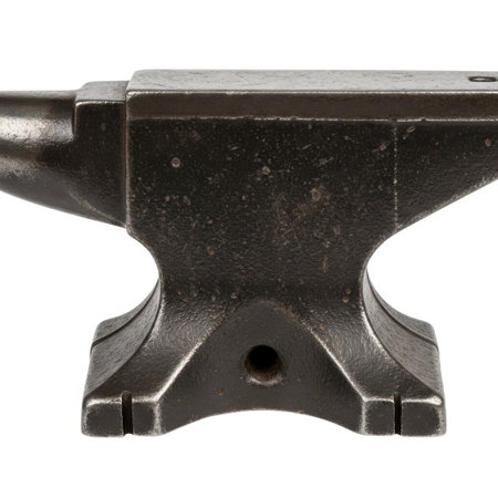 A sturdy, dark metal blacksmith anvil with a horn and flat surface, isolated on a clean white background.の素材