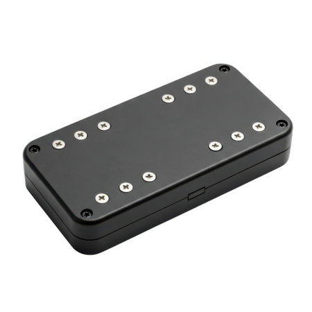 A black rectangular electronic component with a series of small silver screw heads arranged in a pattern, isolated on a white background.の素材