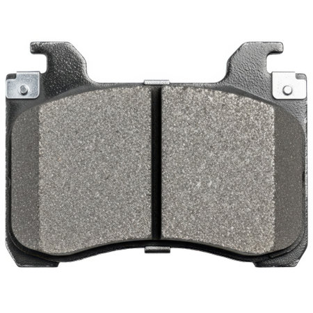 A single, new automotive brake pad assembly with a textured friction material and metal backing plate, isolated on a clean white background.の素材