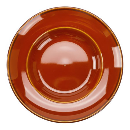 A single, smooth, reddish brown ceramic plate with a slightly raised rim, presented on a clean white background.の素材