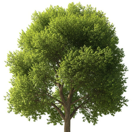 A single, healthy deciduous tree with a dense green canopy, presented isolated on a clean white background.の素材