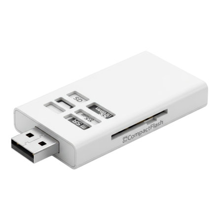 A white multi-card reader with a USB connector is shown isolated on a clean white background.の素材