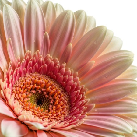 A detailed macro shot of a soft pink gerbera daisy with its intricate orange center, isolated on a clean white background.の素材