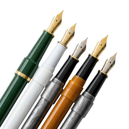 A close-up view of five different fountain pens with gold nibs, presented in a dynamic arrangement on a clean white background.の素材