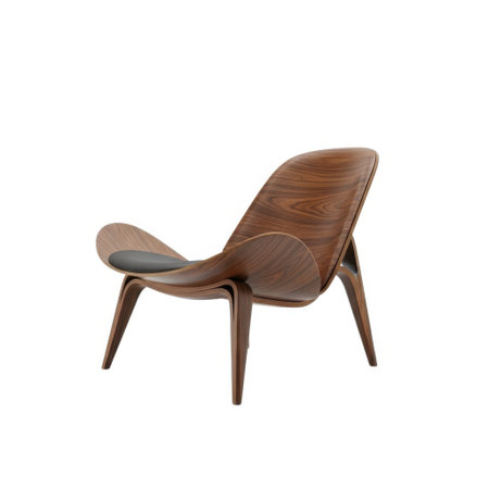 A single, elegant mid century modern lounge chair with a distinctive curved wooden shell and tapered legs, presented isolated on a clean white background.の素材