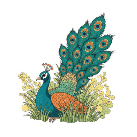 A detailed illustration of a male peacock displaying its iridescent tail feathers next to a smaller hen, set against a clean white background.の素材